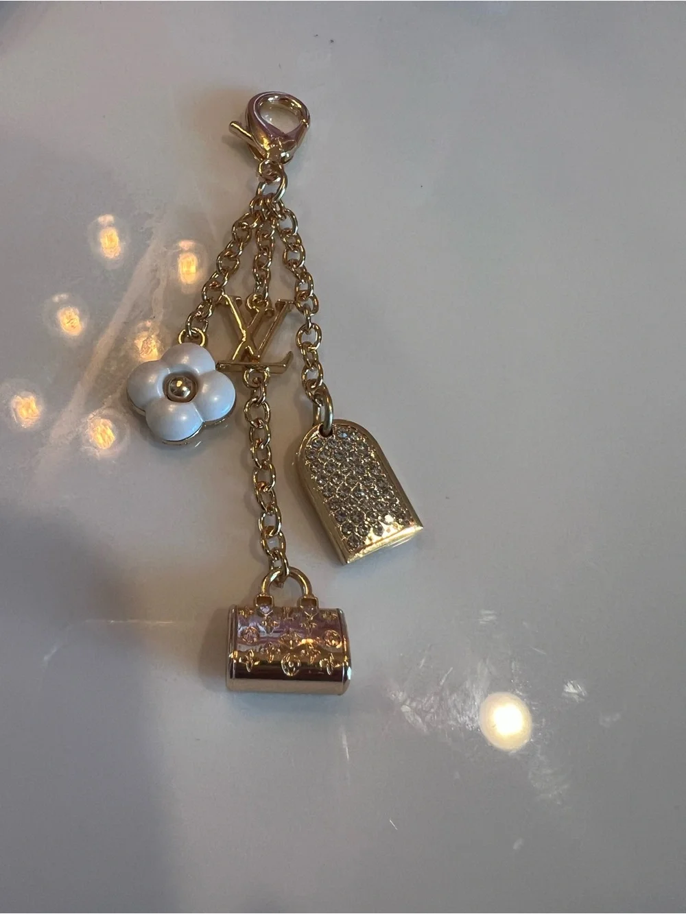 Gold and White Charm Keychain with Floral and Pavé Accents